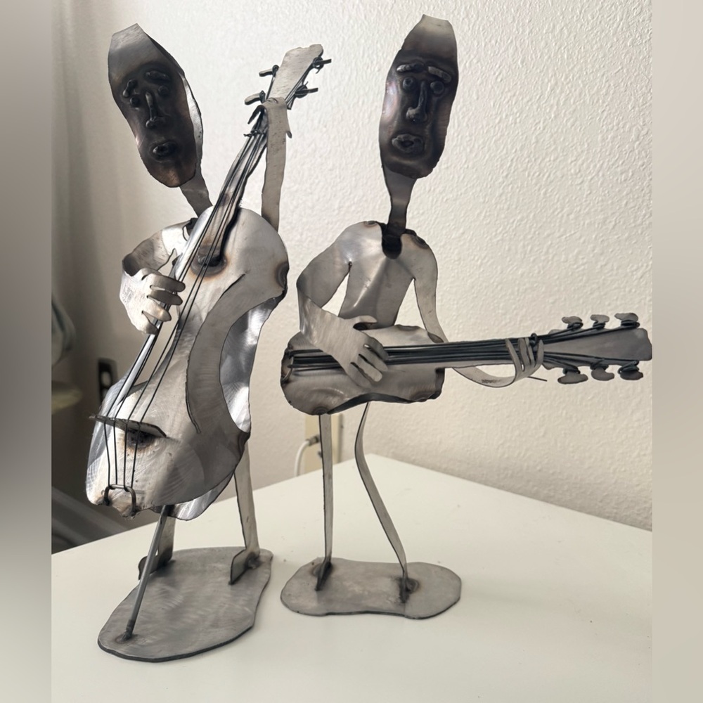 Handmade welded Metal Jazz Musician Sculptures Guitar Bass Player Music Art 15”